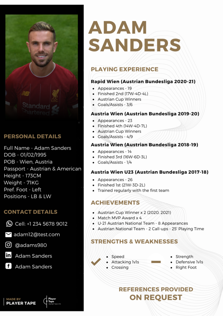 professional football CV example